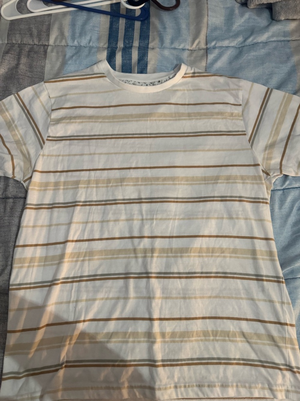 Denim & Flower White Crew Neck T-Shirt with Tan and Gray Stripes
